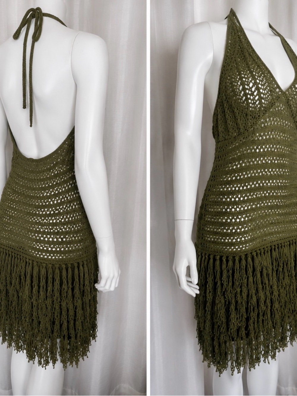Olive Green Crochet Halter Swim Cover-Up Dress